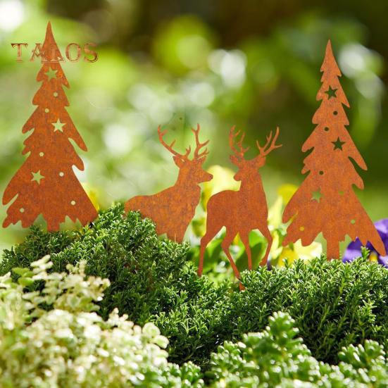 4Pcs/Set Christmas Tree Garden Stake Weather-proof Heavy Duty Outdoor Patio Yard Lawn Metal Elk Silhouette Sign Spike Stick Decoration Ornament