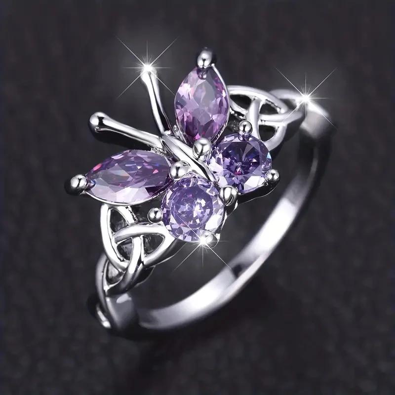 Huitan Romantic Purple Butterfly Rings for Women Charming Purple Cubic Zirconia Aesthetic Female Rings Party Fashion Jewelry