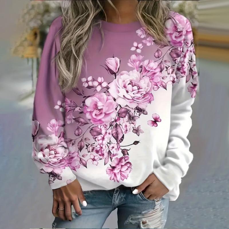 Элегантный женский топ с круглым вырезом и длинным рукавом, новая осенняя толстовка с длинным рукавом с 3D-цветочным принтом, свитшот, женская одежда больших размеров
