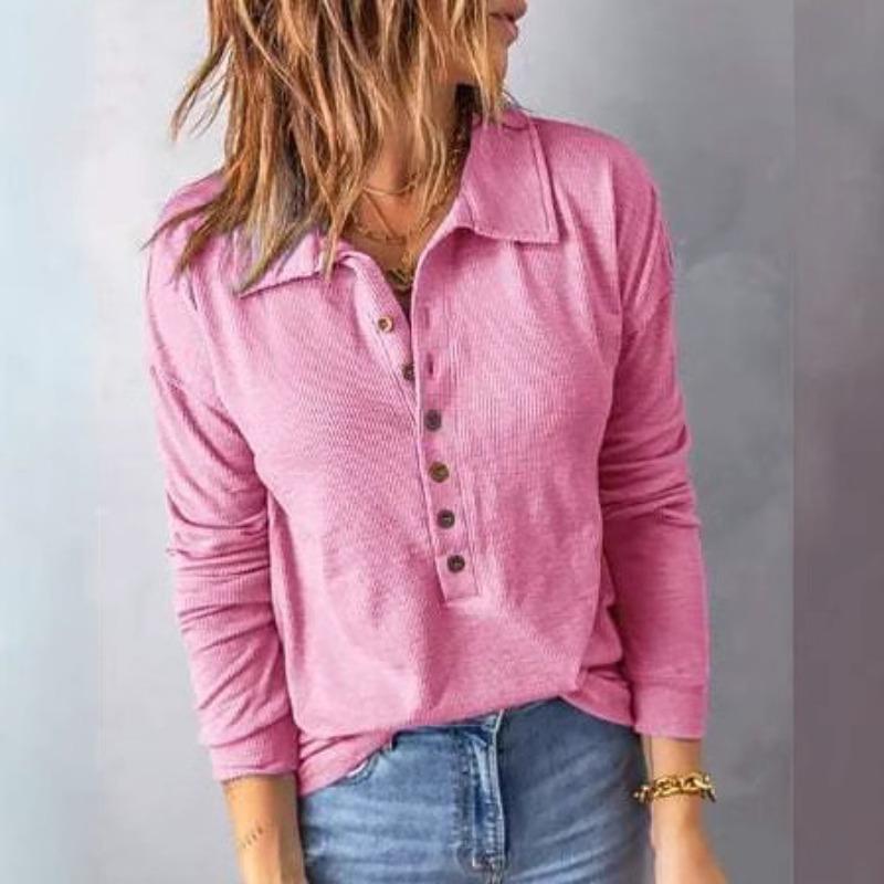 Однотонный трикотажный свитер на пуговицах с лацканами и длинными рукавами, свободная повседневная женская футболка