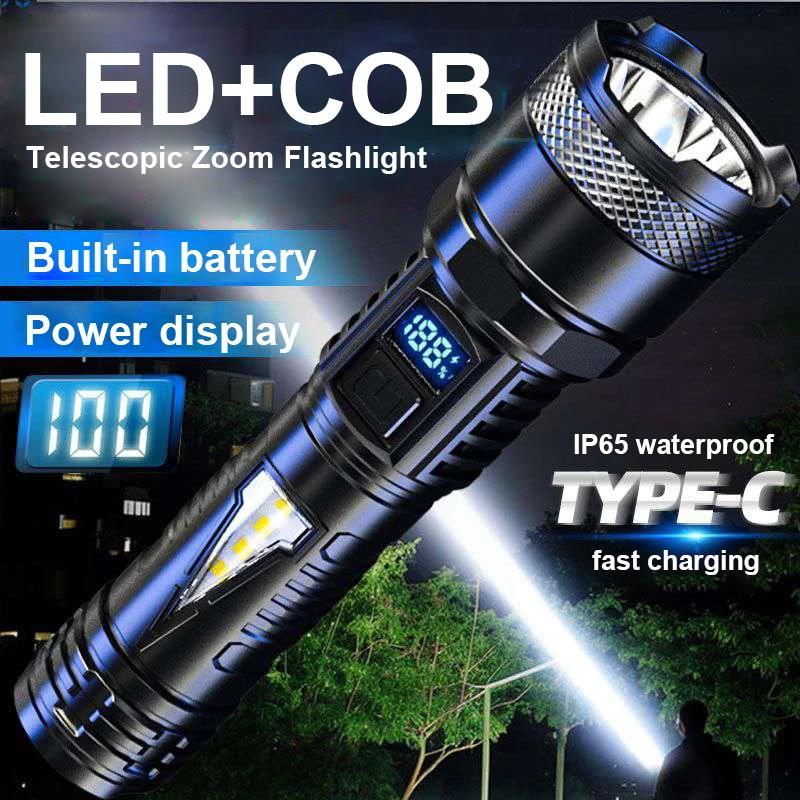 Strong Light LED Flashlight USB Rechargeable Lamp COB Lights Power Display Waterproof Torch Light Super Bright Spotlight Lightweight Flashlights
