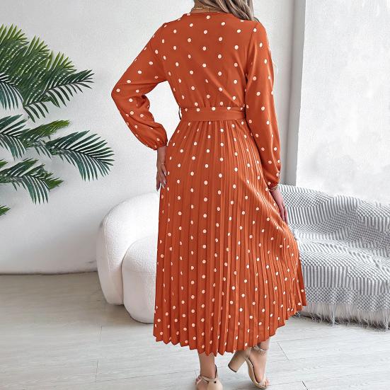 Women's Long Sleeve Dress V-Neck Polka Dot Dress with Tie Waist Long Pleated Dress for Office Parties Date
