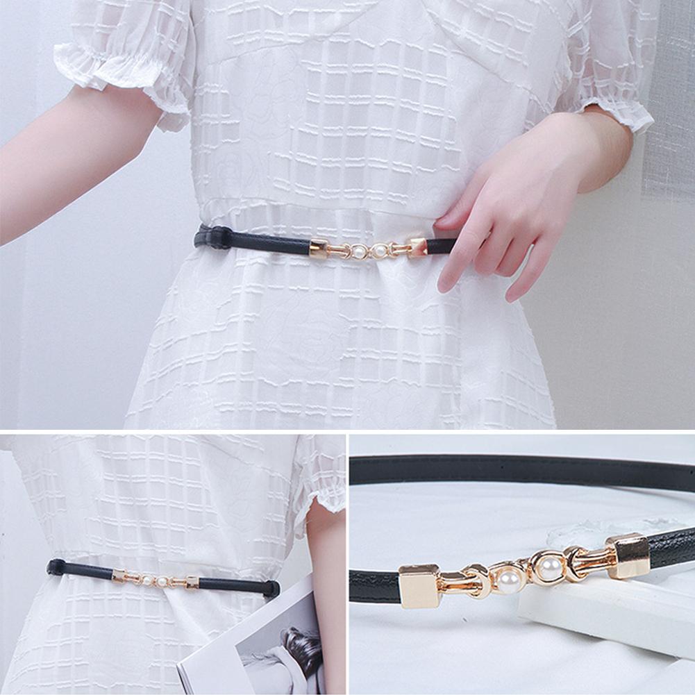 Универсальный пояс с пряжкой из сплава и жемчугом, повседневный регулируемый тонкий пояс из искусственной кожи, пояс для юбки и куртки, пояс с украшением на талию
