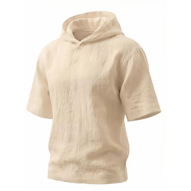 Mens Linen Hooded Short Sleeve T Shirt Loose Fit For Beach Vacation