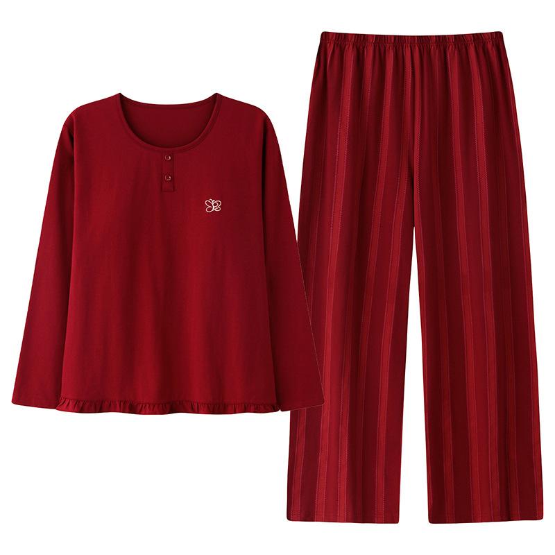Pajamas women's 1011 new spring and autumn high-end pure cotton with chest pads, long sleeves, red loungewear in autumn