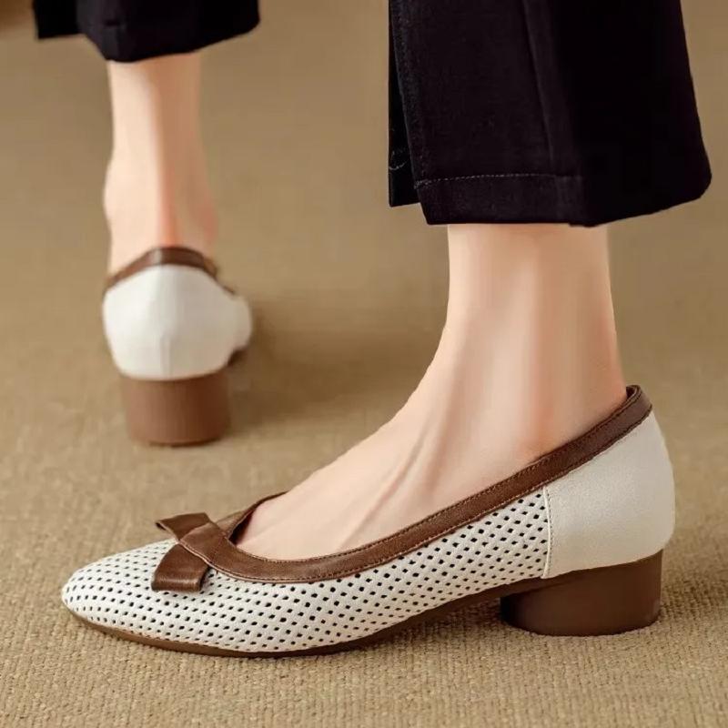 Женская мода милые коричневые сетчатые дышащие весенние слипоны противоскользящие туфли на квадратном каблуке женские крутые бежевые рабочие туфли ab470