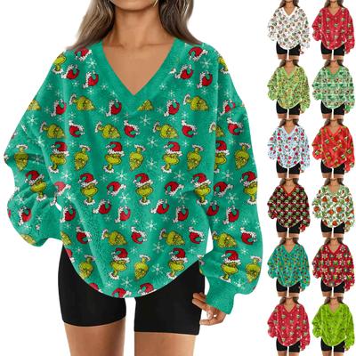 Женский модный пуловер с V-образным вырезом, рождественским принтом, длинным рукавом, повседневный, плюшевый, теплый, с карманом, толстовка, топ