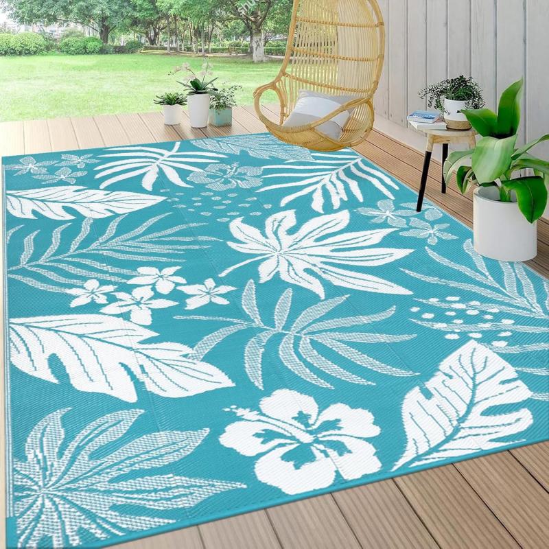 Tropical Palm Leaf Outdoor Rug Non Slip Waterproof Floor Mat for Terrace Balcony Poolside Camping Living Room Home Decor