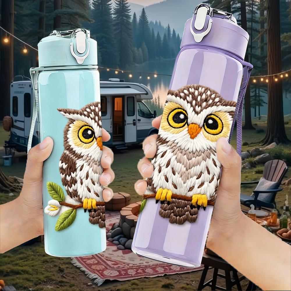 1PC Owl On Branch Watercolor Art Print 750ml Color Plastic Sports Water Bottle Leakproof Flip Straw Lid Suitable for Sports Office Home Use