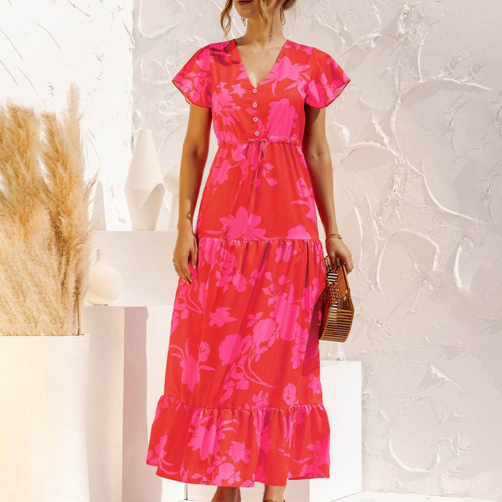 Женское повседневное модное сексуальное платье с v-образным вырезом и пуговицами, короткими рукавами и высокой талией, на шнуровке, в богемном стиле, большие качели