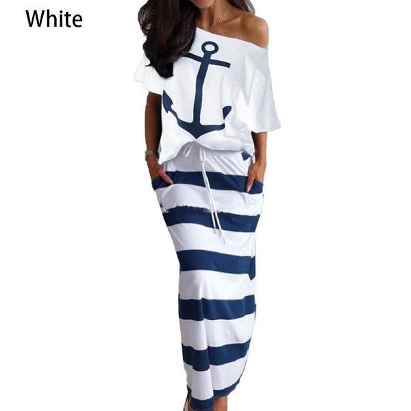 Модные женские туфли с рисунком якоря, футболка с открытыми плечами и полосатая макси-юбка, комплекты из двух частей, платье больших размеров