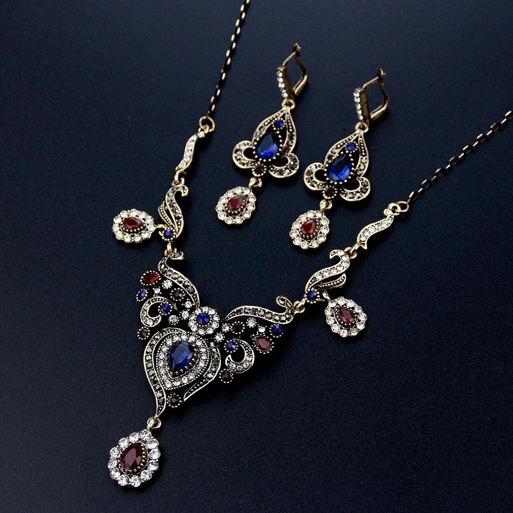 Gold Women Boho Color Vintage Bridal Wedding Jewelry Sets Bangle Earring Necklace Banquet Bijoux Retro