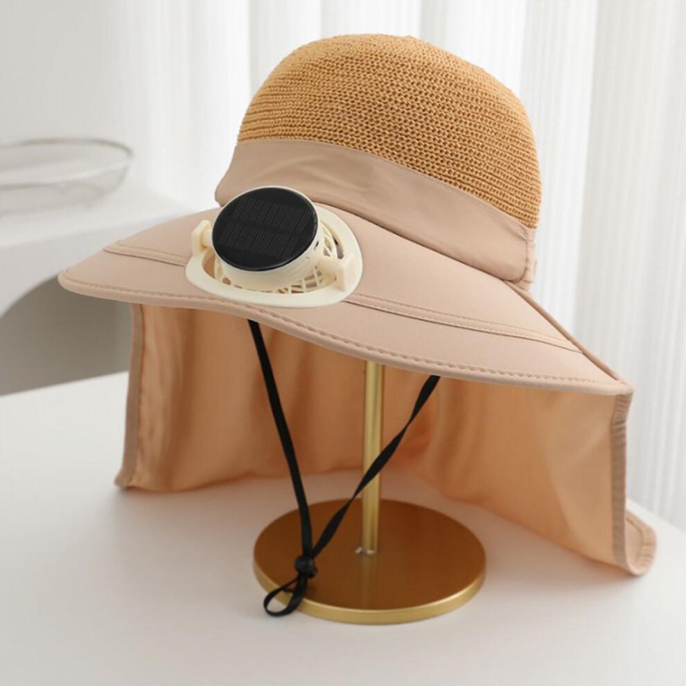 (XS, Khaki) Adults Wide Brim Sun Hat with Solar Fan UPF Protection Fisherman Hat for Hiking, Outdoor