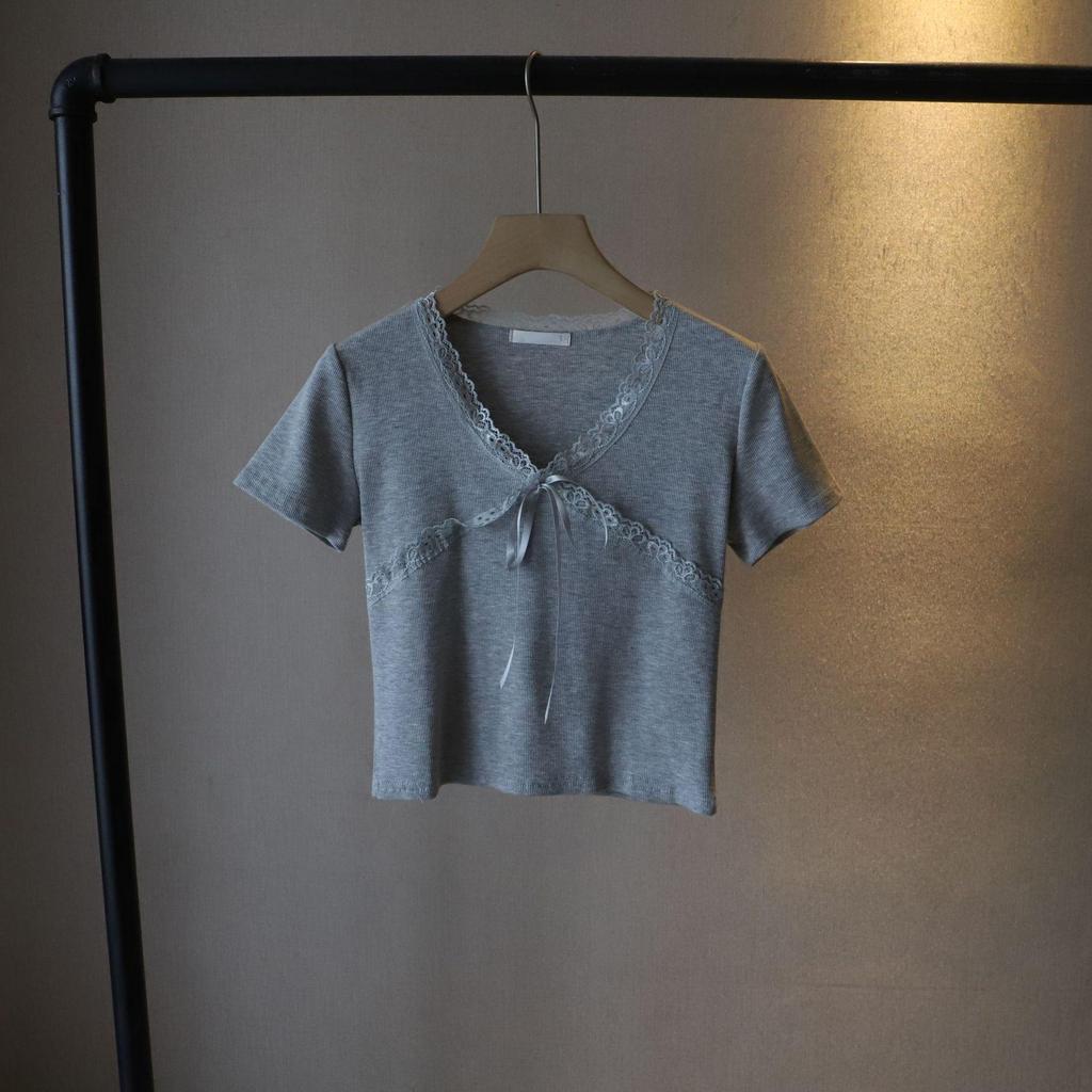 Маленький топ с короткими рукавами и бантом, приталенного силуэта - 2025 корейский стиль, летняя женская мода