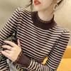 Lace Patchwork Semi High Neck Striped Knitted Base Shirt for Women Long Sleeved Autumn and Winter Sweater Women's Top