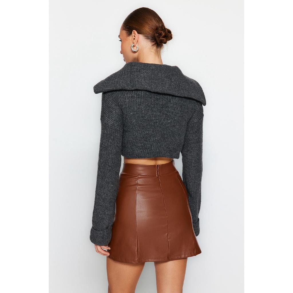 Коричневая мини-вязаная юбка из искусственной кожи с высокой талией Twoaw24et00154