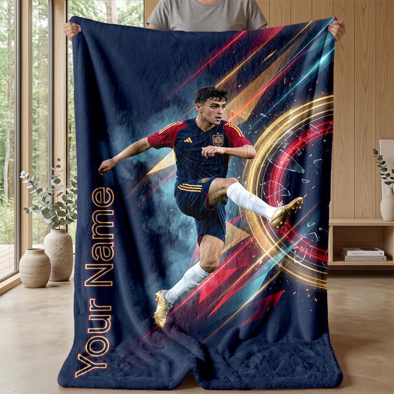 Lamine Yamal Custom Name Text Flannel Blanket Soccer Logo Personalized Fleece Throw Blanket Special Gift For Sofa Bedroom Home
