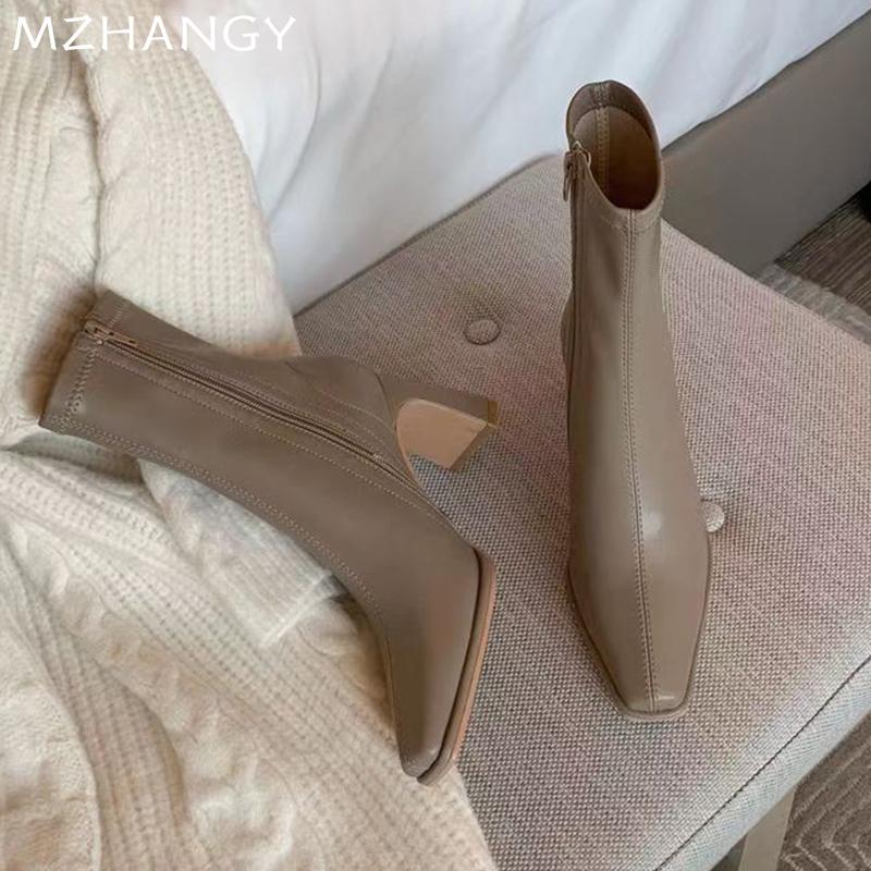 Женские кожаные ботильоны с квадратным носком и высоким каблуком, женская мода 2025 года, элегантные зимние модные зимние мотоциклетные ботинки Mujer Botas