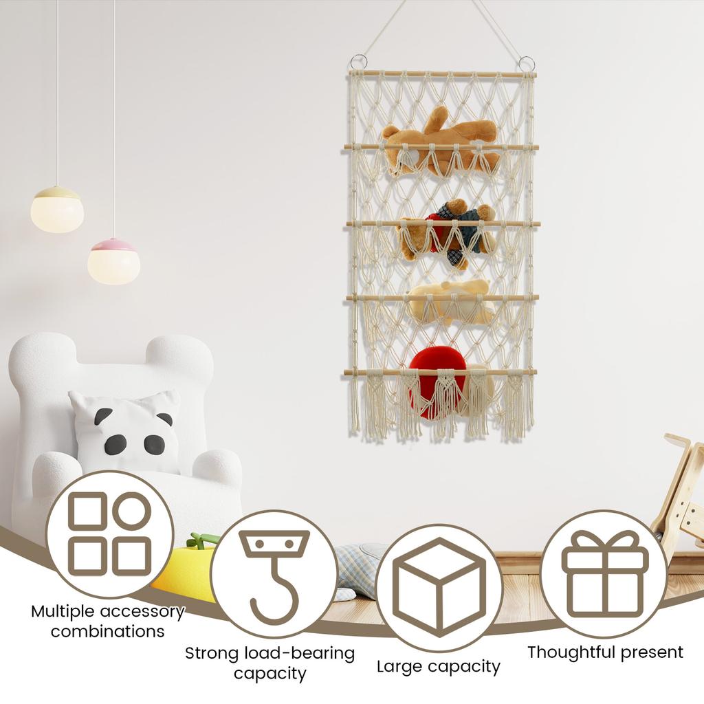 4 Tiers Toy Net Stuffed Animal Storage Hammock Cute Stuff Animal Organizer Plushie Net Space Saving Macrame Wall Toy Holder
