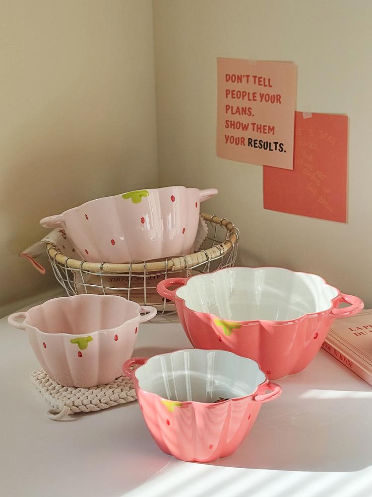 Очаровательная керамическая миска с двойными ручками в форме ягодного лепестка для фруктов, салата или лапши - Защита от ожогов.