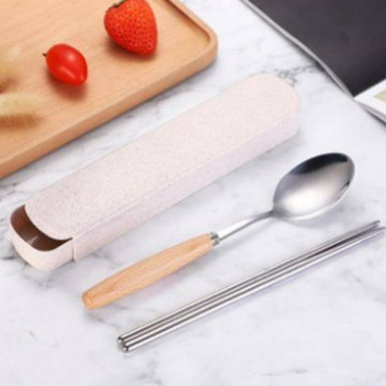 Набор столовых приборов из нержавеющей стали с деревянными ручками - Включает палочки для еды, вилку и ложку для студентов и путешествий на открытом воздухе.