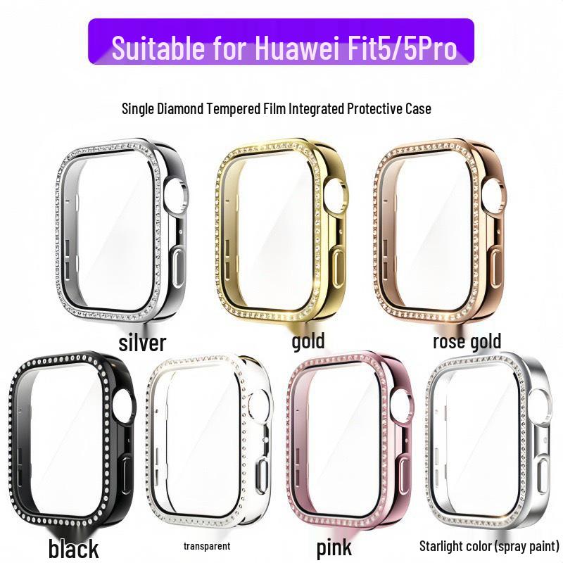 Защитный корпус для часов Huawei Fit 5 из закаленного стекла с гальваническим покрытием, инкрустированный бриллиантами