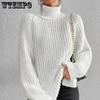 Women's Sweater High Neck Knitted Top Autumn Casual Women Sweaters Solid Loose Warm Knitwears