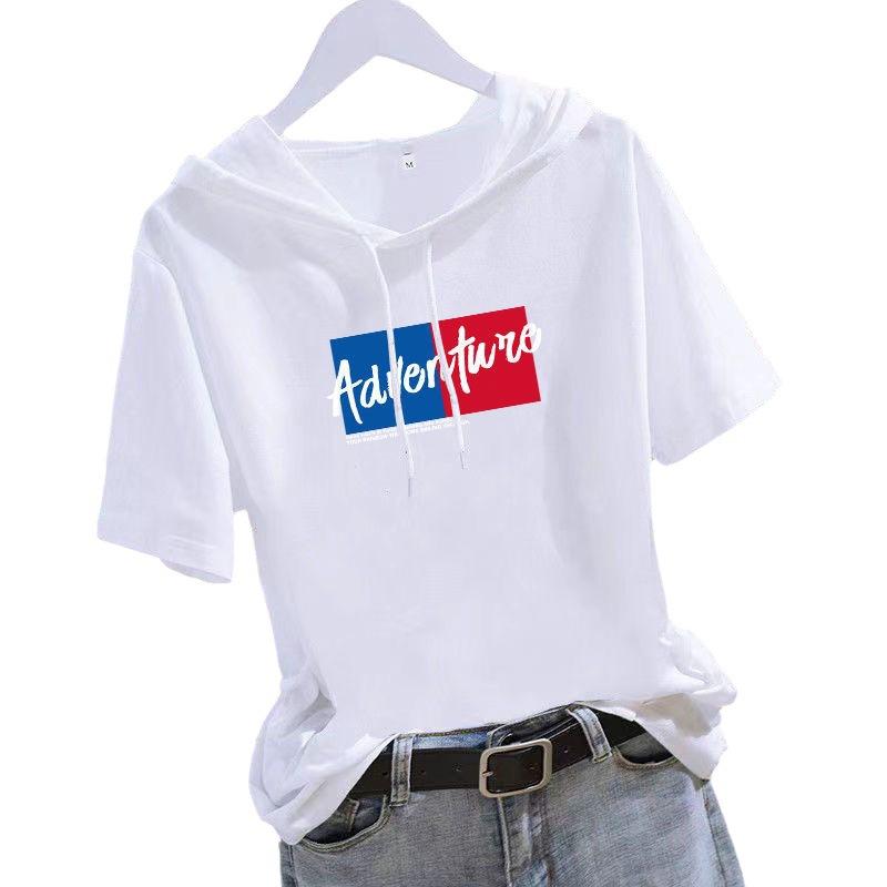Women's Short Sleeve Hooded T Shirt Loose Fit Summer Casual Slimming Youthful White Top