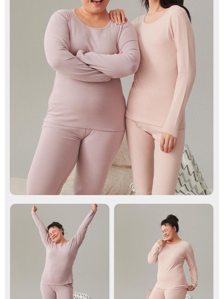 Женский комплект термобелья большого размера из двухсторонней фланели - Чистый хлопок, Толстый базовый слой с круглым вырезом для осени и зимы