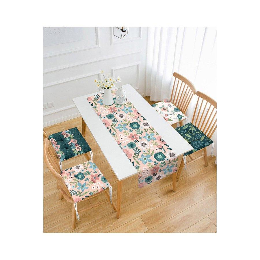 Набор подушек для стула с цветочным узором, цифровая печать / 4 квадратных подушки для стула 40 × 40 см и 1 дорожка