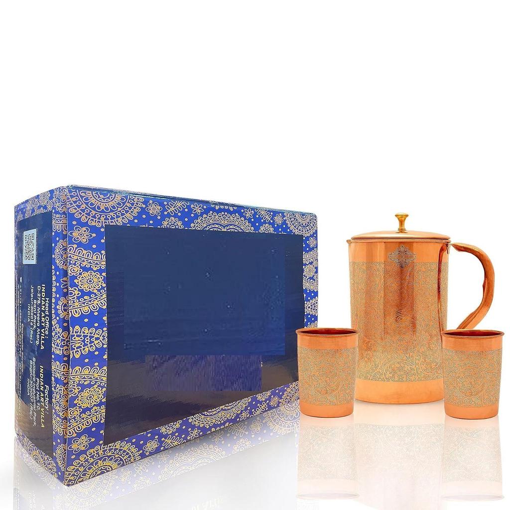 Pure Copper Drinkware Gift Set of 1 Jug & 2 Glass with Gift Box & Embossed Design,