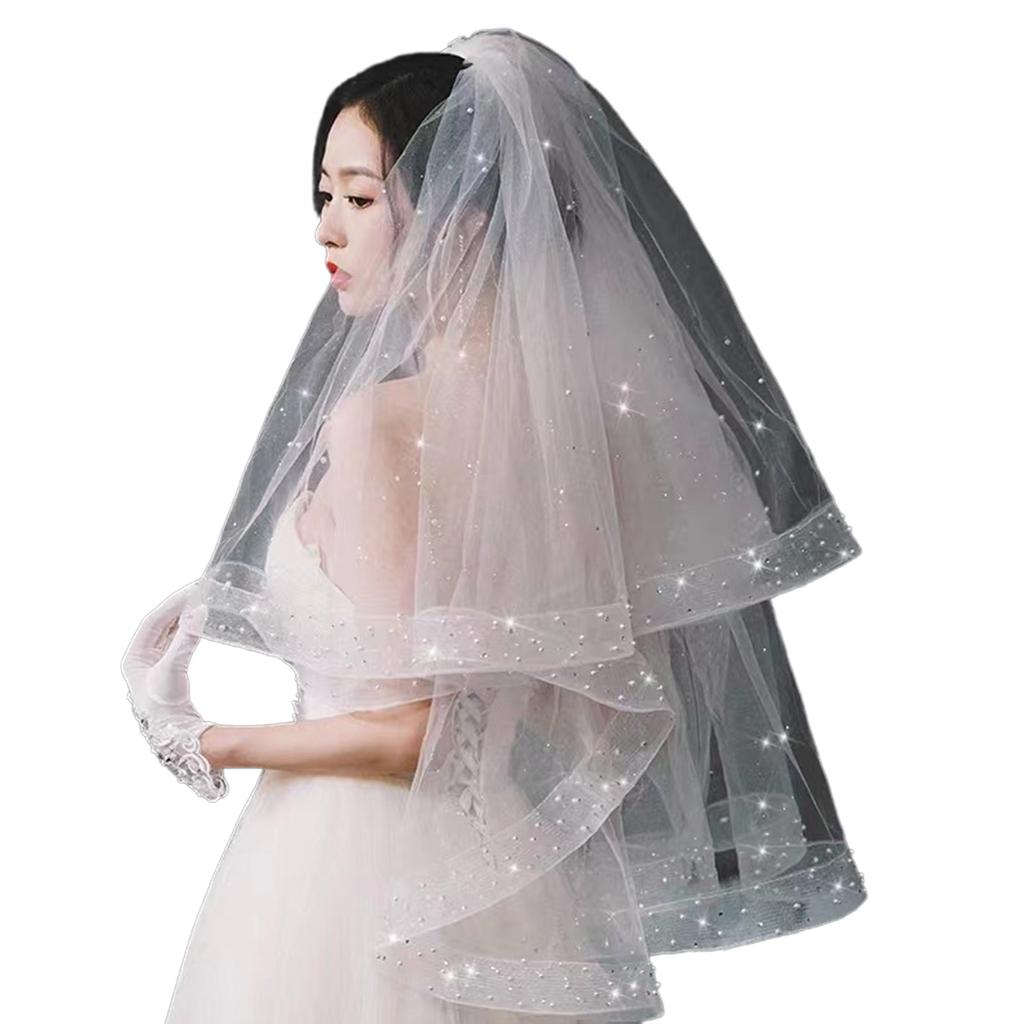 Elegant Bridal Lace Veil Women Pearl Tulle Bachelorette Party White Veil with Rhinestone for Wedding Performances