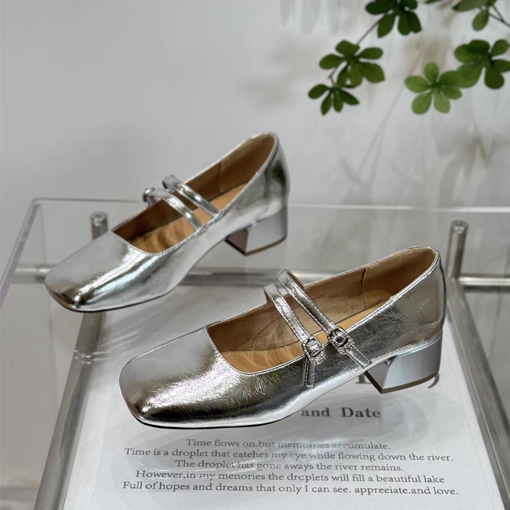 Xiaoxiangfeng Light Mouth Double Buckle with Mary Jane Shoes Women's 2025 Autumn New Fashion Silver with Skirt Thick Heel Single Shoes