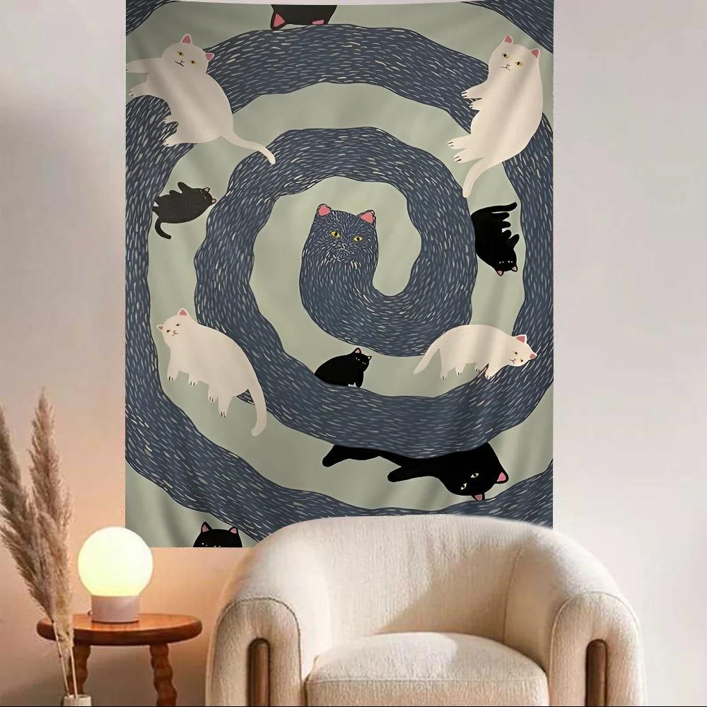 VIKAMA Double Cat Tapestry with Green Field And Flower Motifs Cute Pet Theme Wall Decor for Bedroom And Living Room