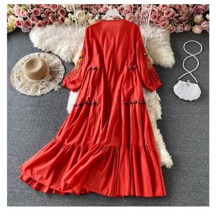 Casual Dresses - Vintage Printed Loose Dress for Woman V Neck Oversized Long Sleeve Casual Lace Dresses Long