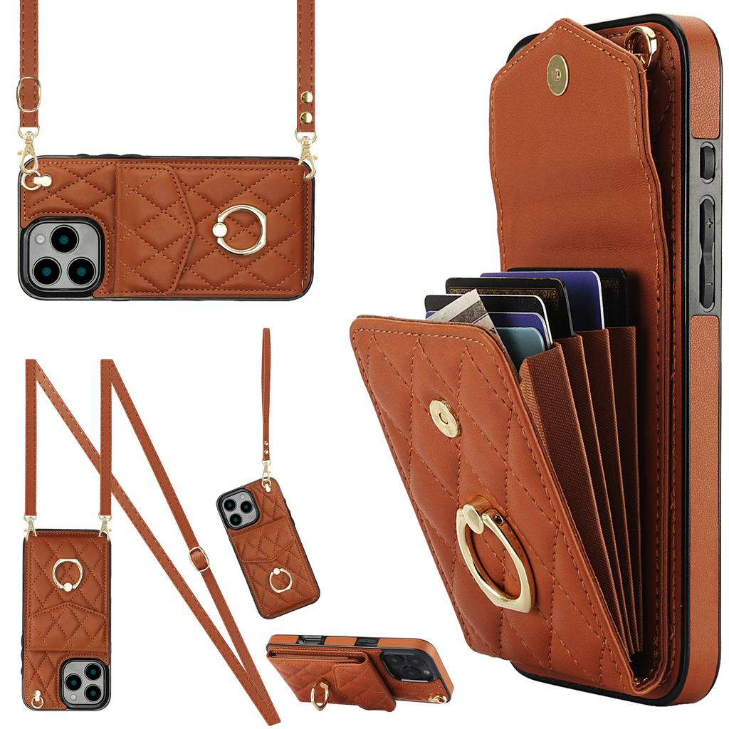 For iPhone 16 Pro Max Case Card Bag Leather+TPU Crossbody Phone Cover with Ring Kickstand