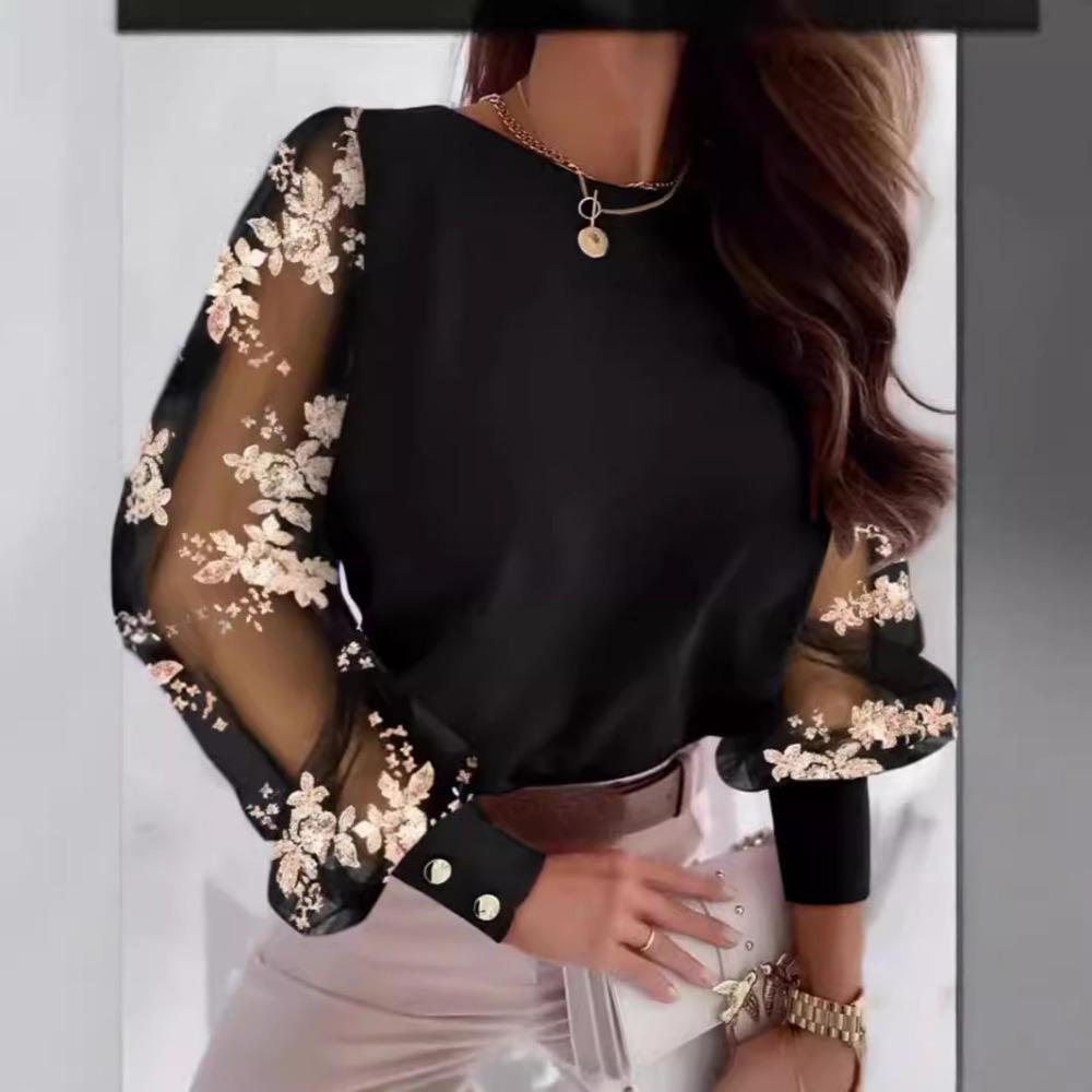 Женская футболка больших размеров с длинными рукавами, цветочной вышивкой, круглым вырезом и сетчатой накладкой - черный, с рисунком красной розы и зеленого листа