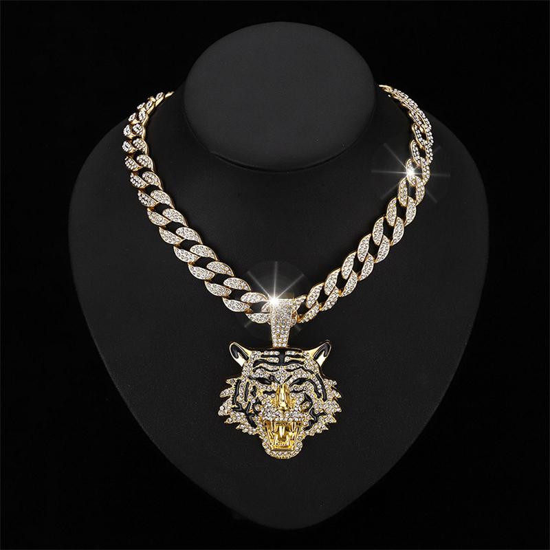 Domineering Ferocious Tiger Head Pendant Full Rhinestone Cuban Chain Animal Necklace Men's Hip Hop Punk Trend Jewelry Boy Gift