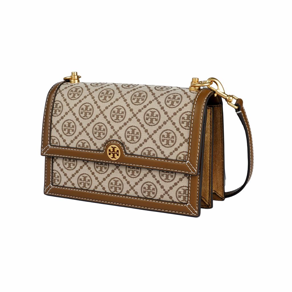 Tory Burch T Monogram Jacquard Woven Leather Trimmed Shoulder Bag Small Women shoulder bag Hazelnut-Brown 135845-371