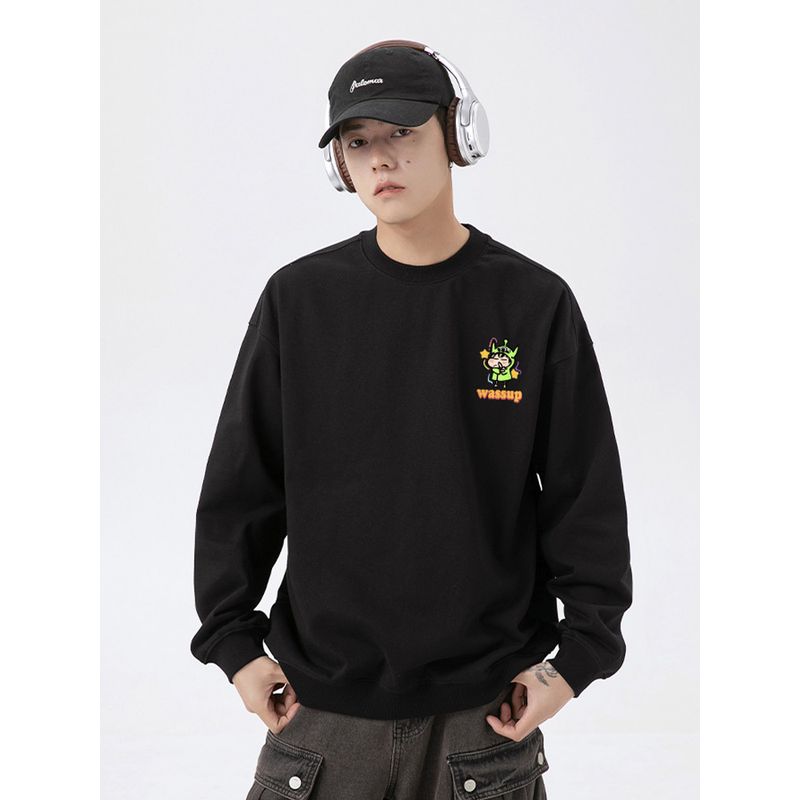 Wassup Trendy Brand Heavyweight Cartoon Shin-Chan Crewneck Sweatshirt for Men, New Autumn and Winter Fleece-Lined Loose Pullover Top