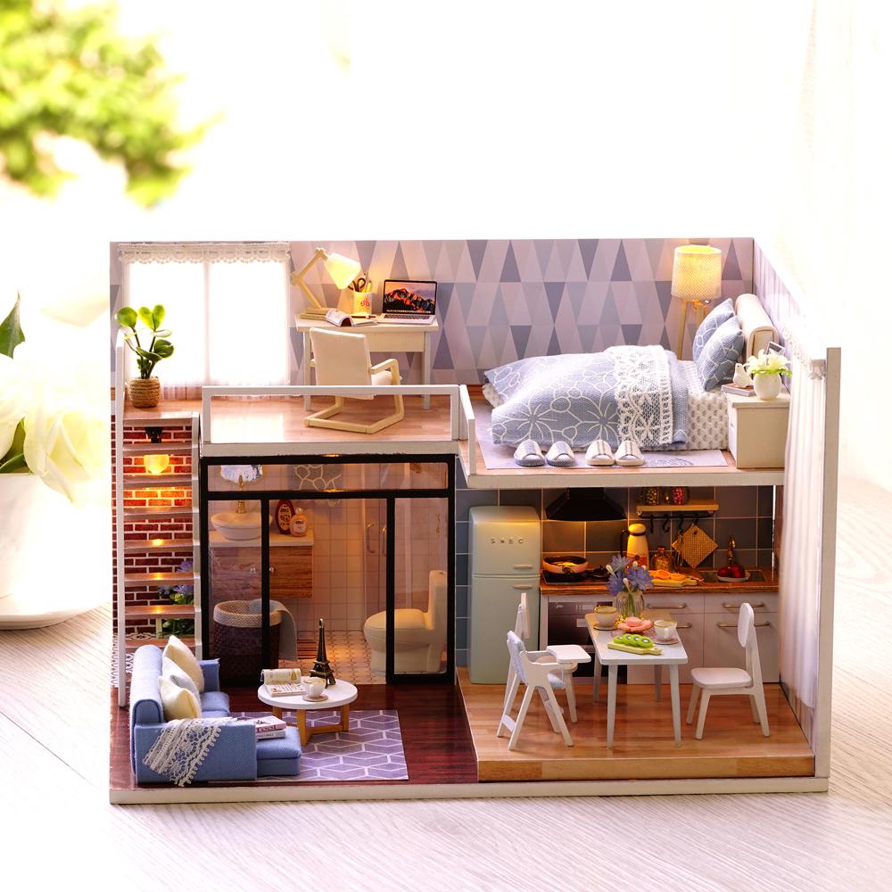 DIY Miniature Loft Dollhouse Kit Lifelike Mini 3D Wooden House Room Handmade Toy with Furniture LED