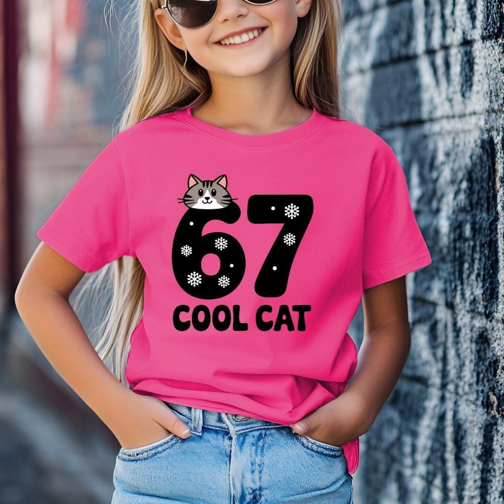 Children's Clothing Tops Cute Cool Cat Six Seven Snowflake Print Soft Comfort New Summer Daily Casual Fashion Wear for Girls