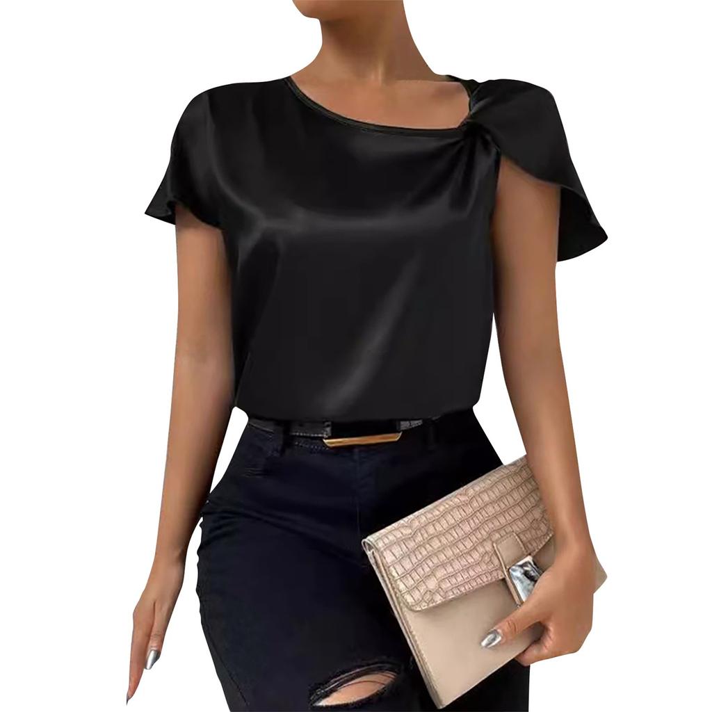 Женская повседневная элегантная атласная плиссированная однотонная свободная верхняя рубашка с баской, женская рубашка с асимметричным воротником и деталями
