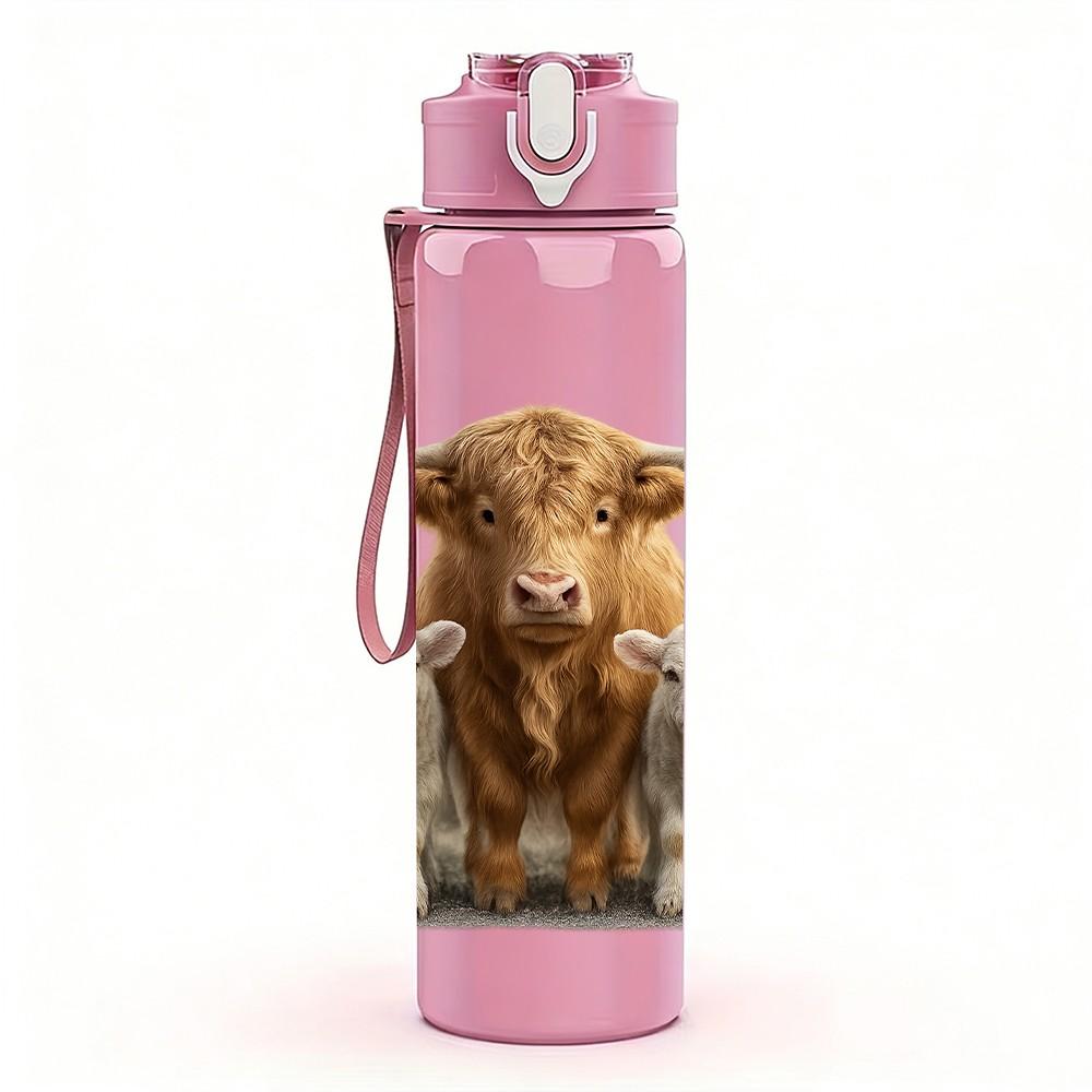 1PC Highland Cow Family Group Bust 750ml Color Plastic Sports Water Bottle Leakproof Flip Straw Lid For Sports Office Home Use