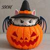 Waterproof Garden Light Halloween Cat Pumpkin Lantern, 3D Printed Glowing Figurine Lantern with Witch Hat, Spooky Tabletop Ornament, Festive