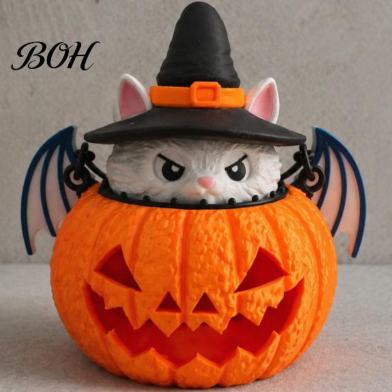 Waterproof Garden Light Halloween Cat Pumpkin Lantern, 3D Printed Glowing Figurine Lantern with Witch Hat, Spooky Tabletop Ornament, Festive