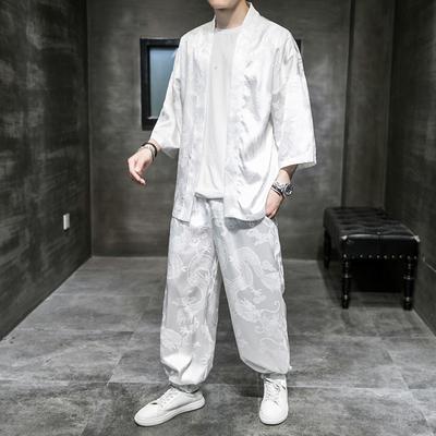 Мужской костюм-кимоно-кардиган, летний кимоно-кардиган + свободные брюки, комплект из 2 предметов