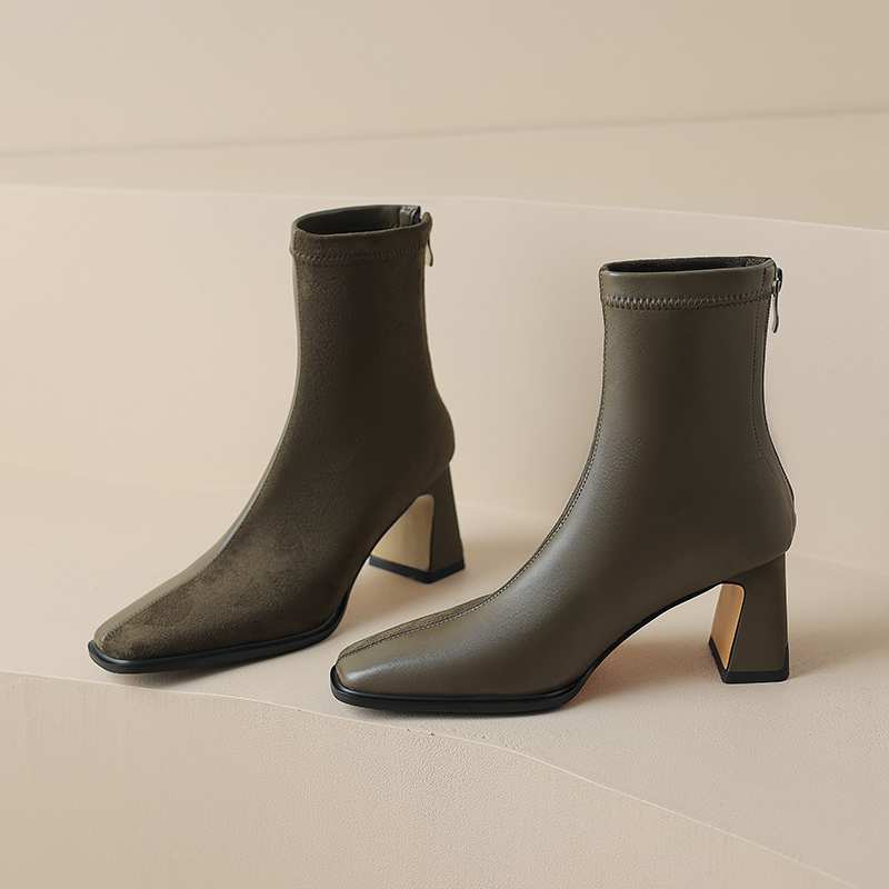 Krazing Pot Зимние ботинки из флока из микрофибры с квадратным носком, эластичные ботинки без шнуровки на высоком толстом каблуке, женские ботильоны