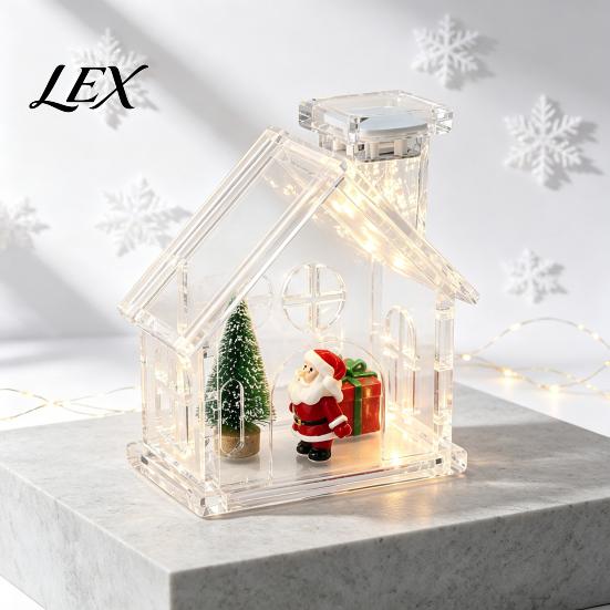 Decorative Shelf Figurine Holder Clear Acrylic House Ornament, DIY Fillable Christmas with Light, Hobbyist Decor Set Rechargeable Lighted Table