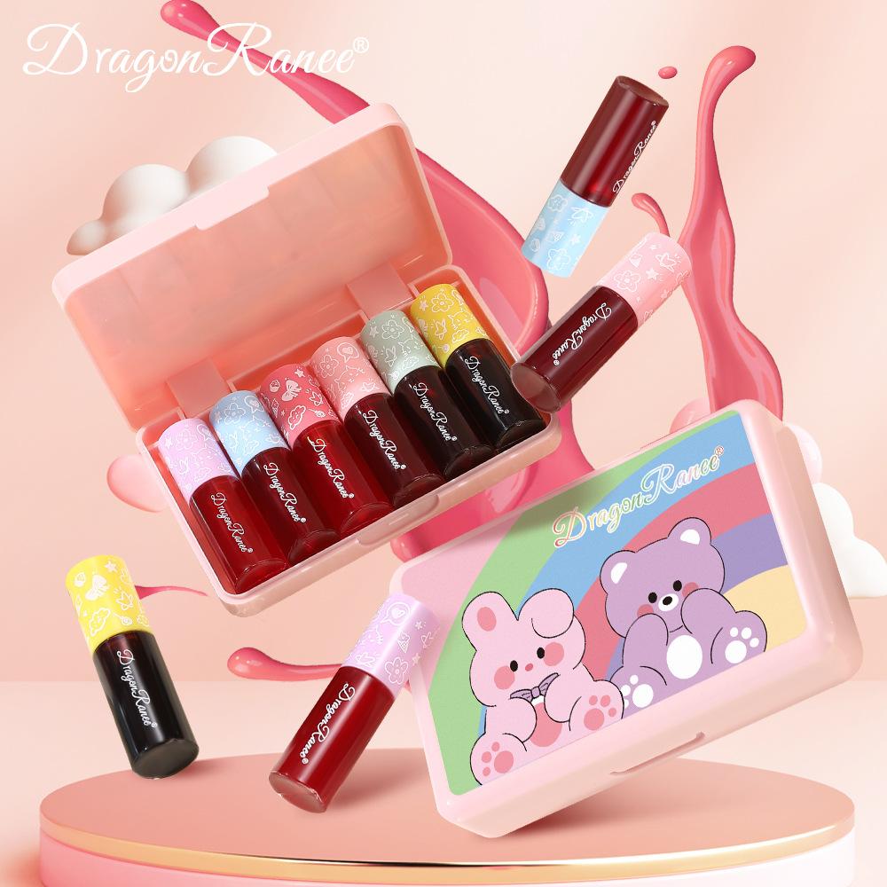 Набор из 6 оттеночных блесков для губ Dragon Ranee Rainbow Bear - Увлажняющий, глянцевый, стойкий, масло для губ с эффектом тинта, зеркальный блеск, наслаиваемый цвет